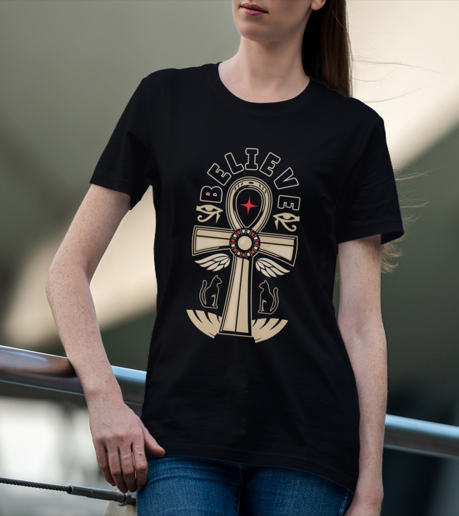 Believe Ankh Symbol With Wings And Cats T-Shirt