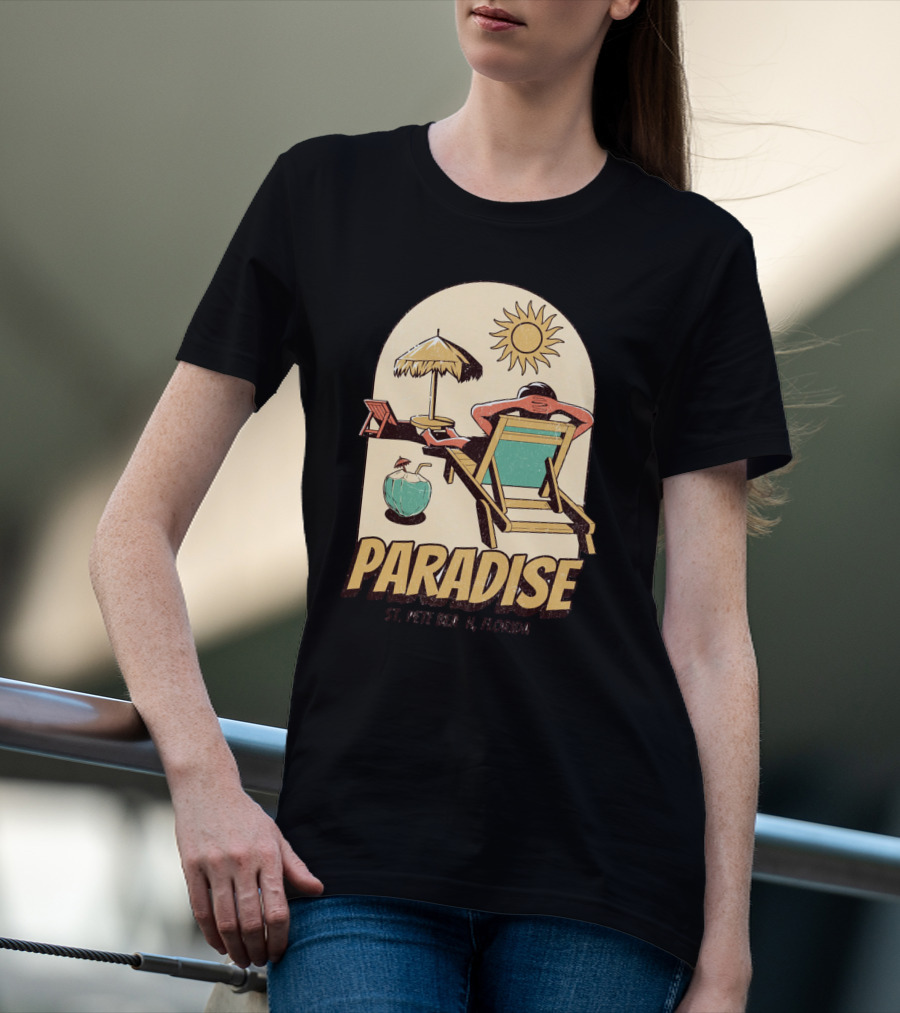 Paradise St. Pete Beach Florida Retro Sun Lounger And Cocktail Scene T-Shirt