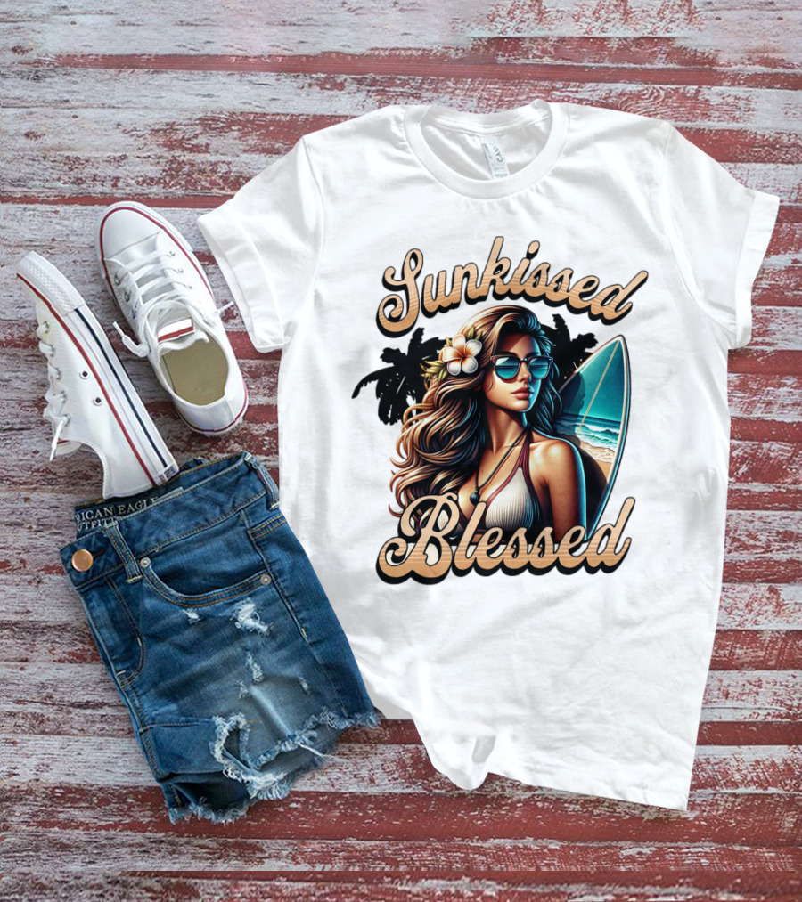 Sunkissed Blessed Surfer Girl In Sunglasses With Surfboard And Flower In Hair T-Shirt