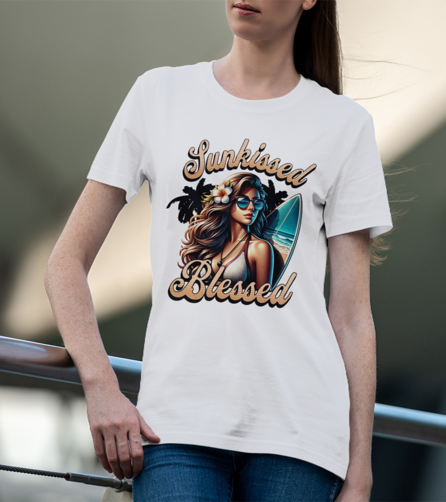 Sunkissed Blessed Surfer Girl In Sunglasses With Surfboard And Flower In Hair T-Shirt
