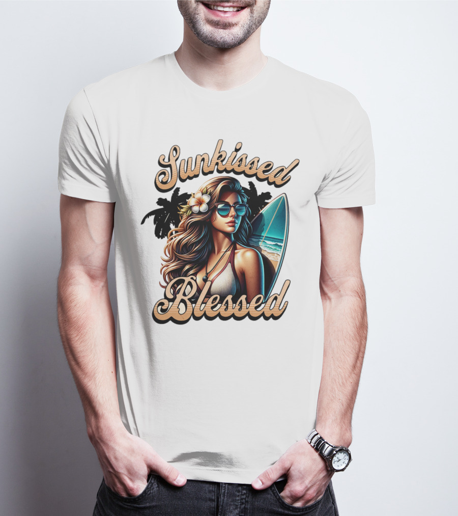 Sunkissed Blessed Surfer Girl In Sunglasses With Surfboard And Flower In Hair T-Shirt