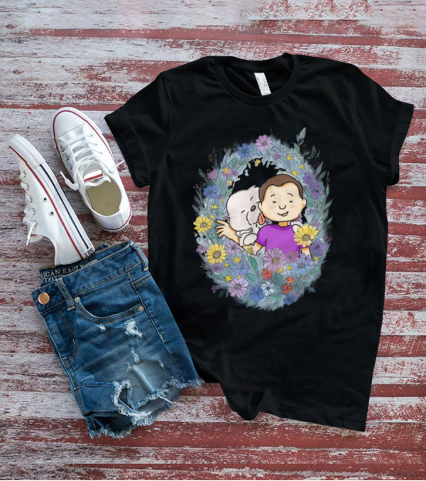 Dog Dad With Child And Dog Surrounded By Floral Wreath T-Shirt