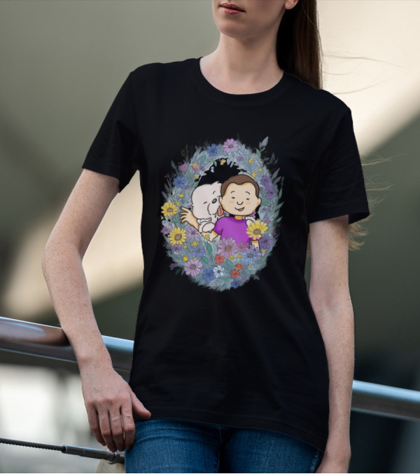 Dog Dad With Child And Dog Surrounded By Floral Wreath T-Shirt