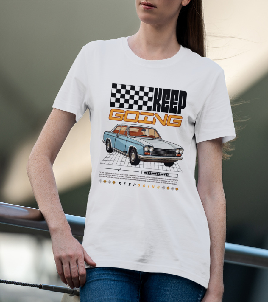 KEEP GOING Retro Car Classic Style Checkerboard Racing Elements T-Shirt