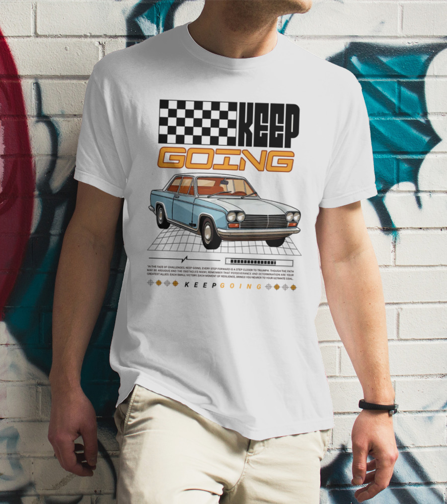 KEEP GOING Retro Car Classic Style Checkerboard Racing Elements T-Shirt