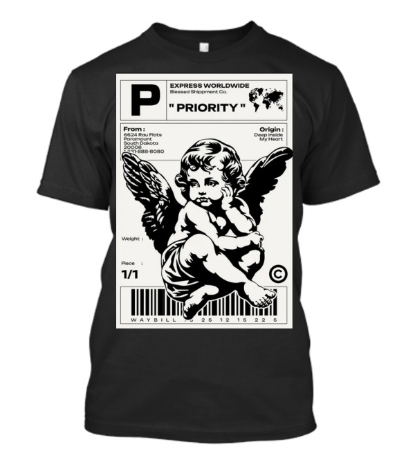 P Express Worldwide Blessed Shipment Co Priority Waybill Cherub Angel Barcode South Dakota T-Shirt
