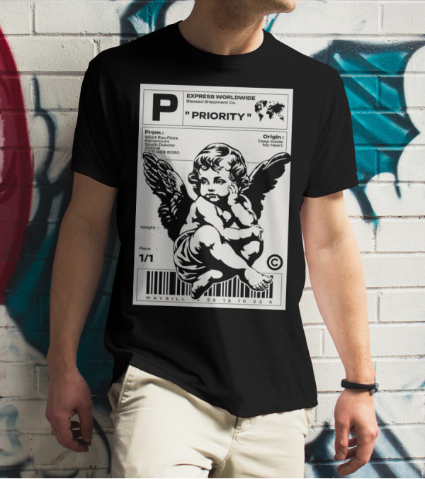P Express Worldwide Blessed Shipment Co Priority Waybill Cherub Angel Barcode South Dakota T-Shirt