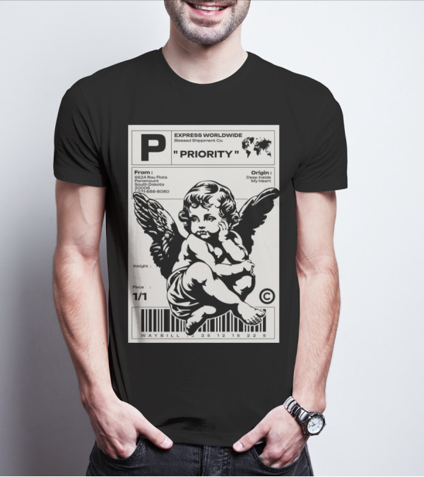 P Express Worldwide Blessed Shipment Co Priority Waybill Cherub Angel Barcode South Dakota T-Shirt
