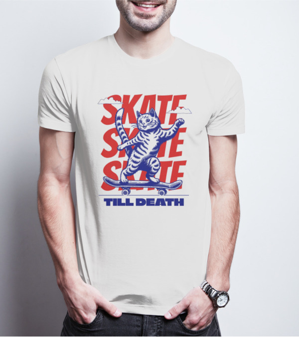 Skate Till Death Cat Riding Skateboard T-Shirt
