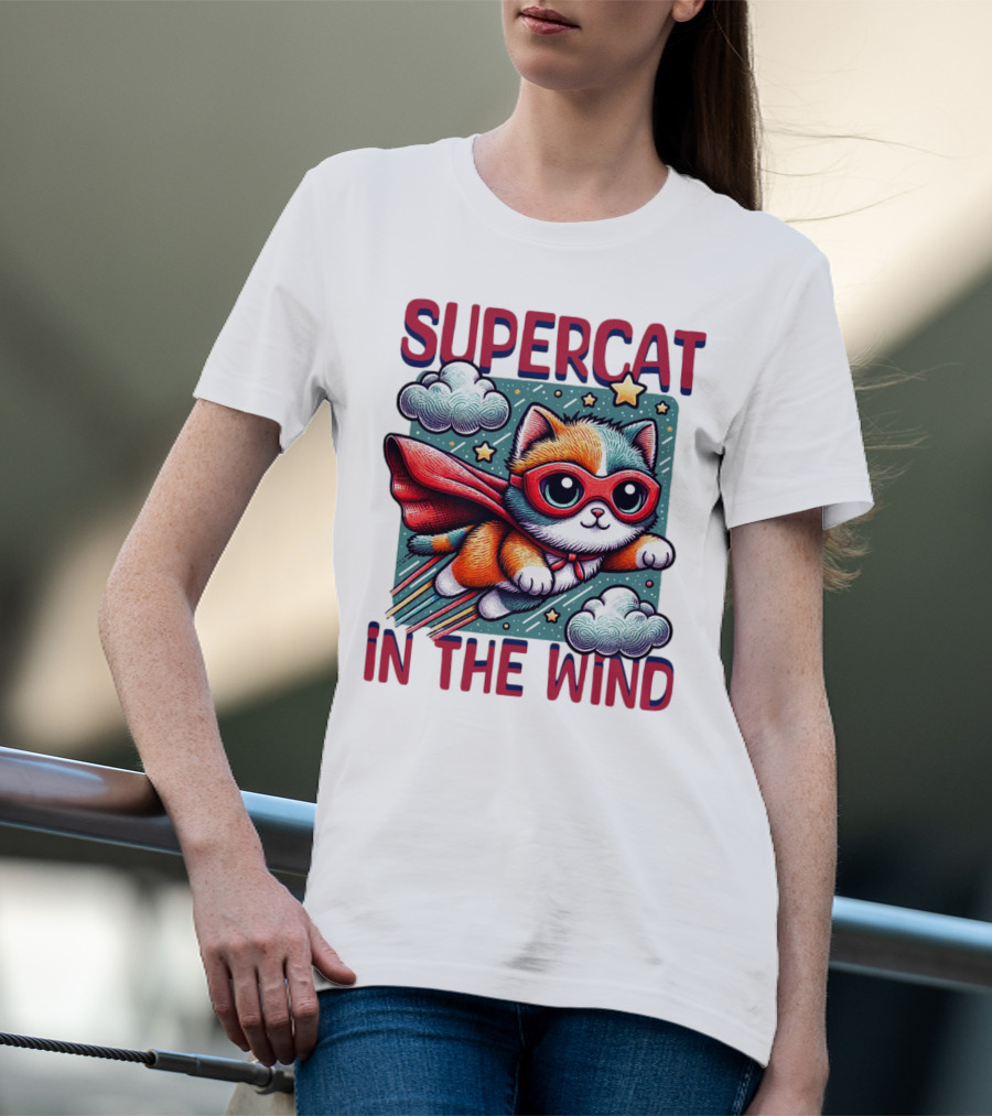 SUPER CAT IN THE WIND STAR ADVENTURE WITH CLOUDS AND CAPE T-Shirt
