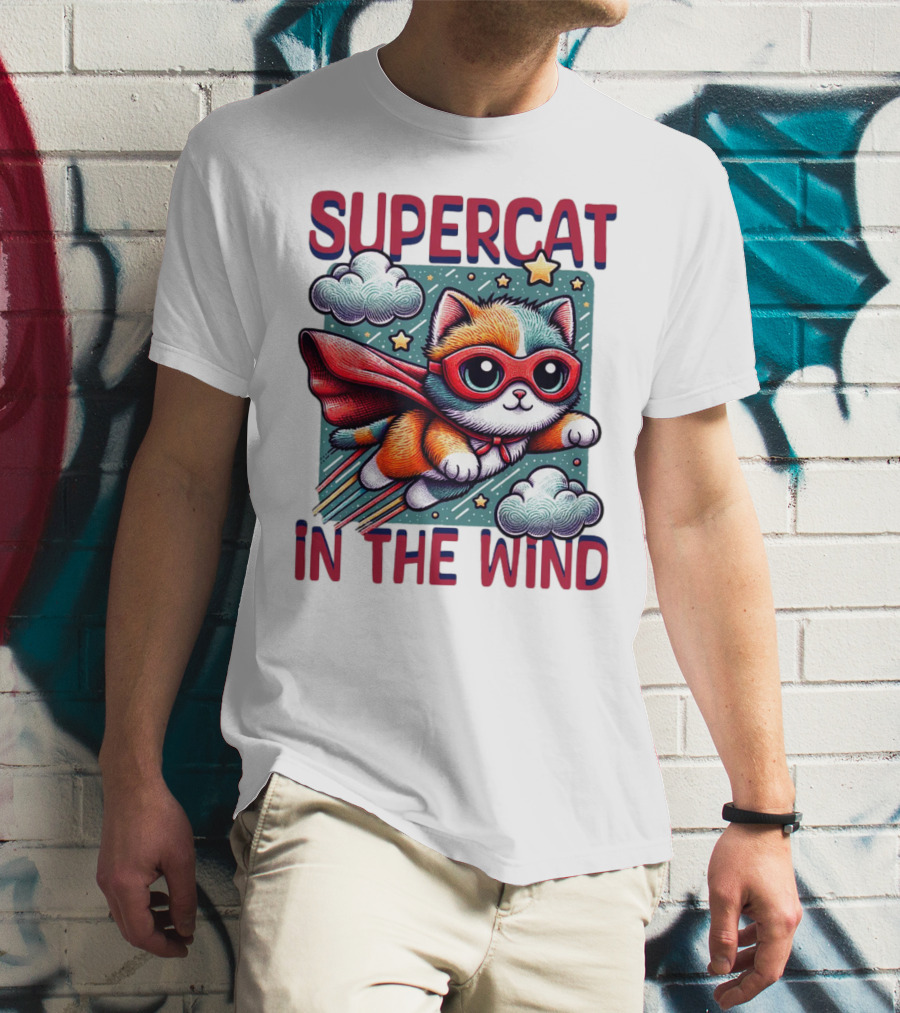 SUPER CAT IN THE WIND STAR ADVENTURE WITH CLOUDS AND CAPE T-Shirt