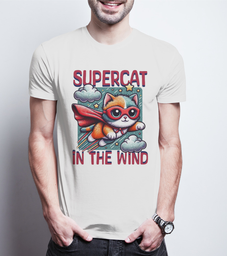 SUPER CAT IN THE WIND STAR ADVENTURE WITH CLOUDS AND CAPE T-Shirt