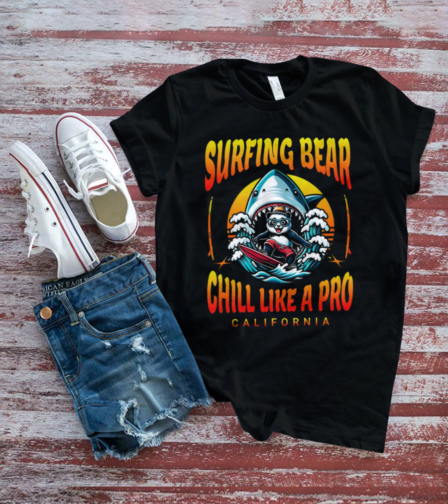 Surfing Bear Chill Like A Pro California Shark Waves Adventure T-Shirt