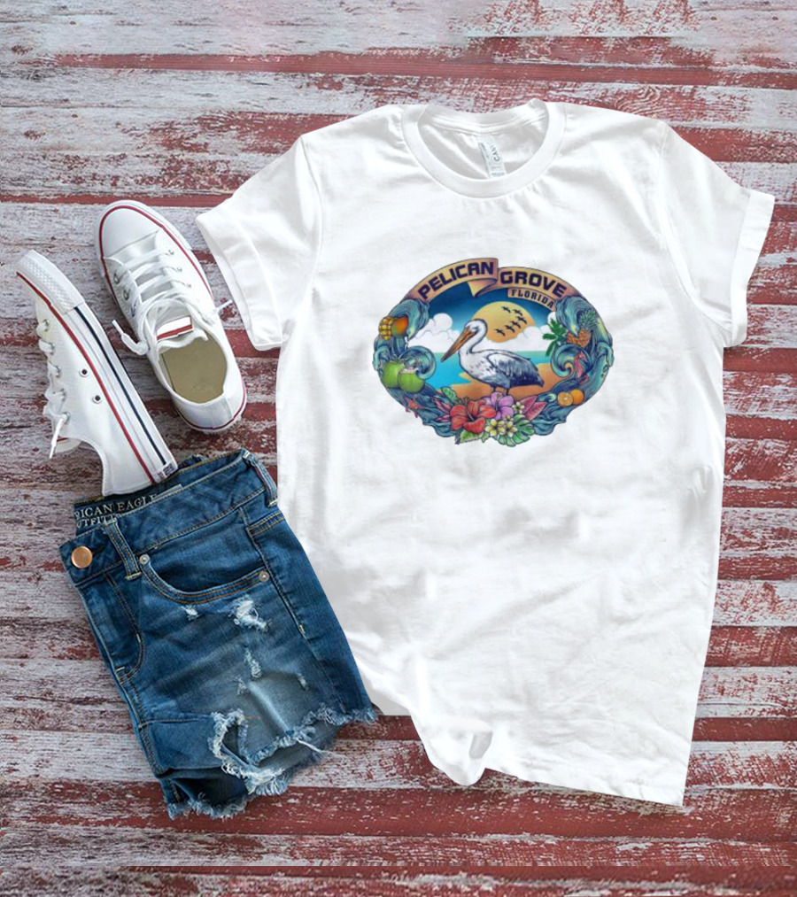 Pelican Grove Florida Tropical Beach Scene With Pelican And Coastal Fruits T-Shirt