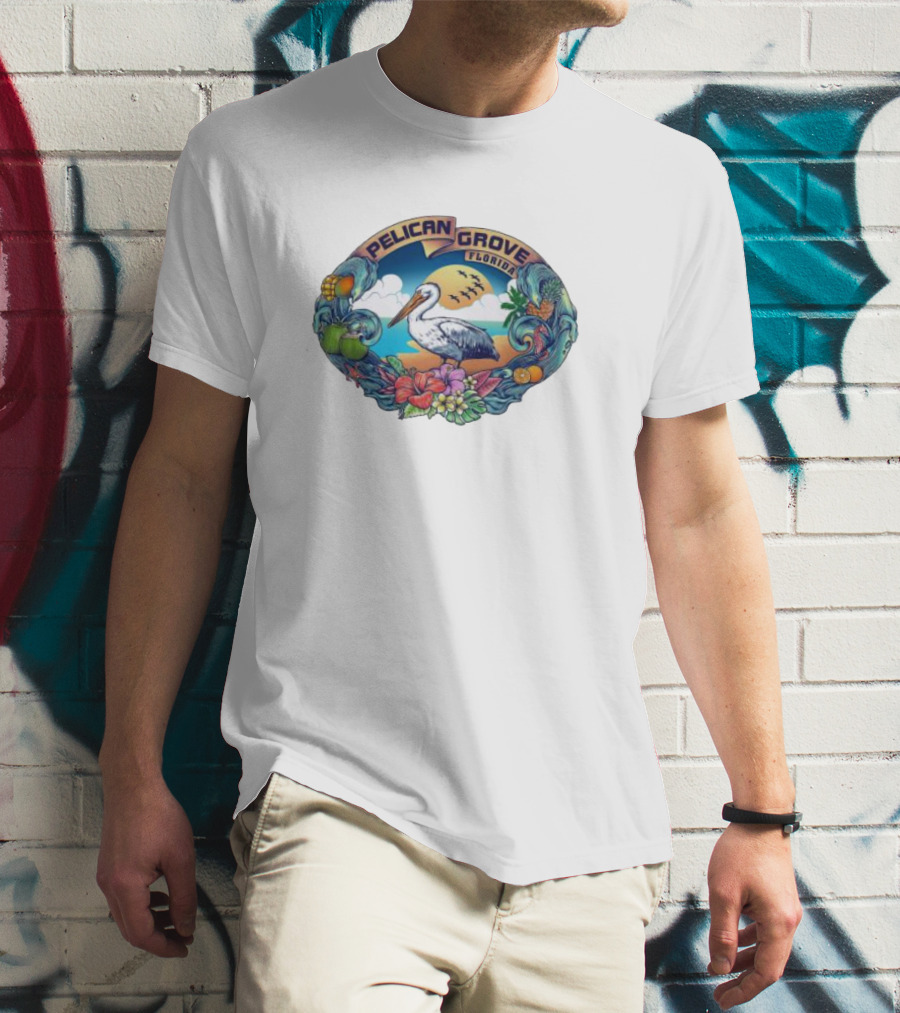 Pelican Grove Florida Tropical Beach Scene With Pelican And Coastal Fruits T-Shirt