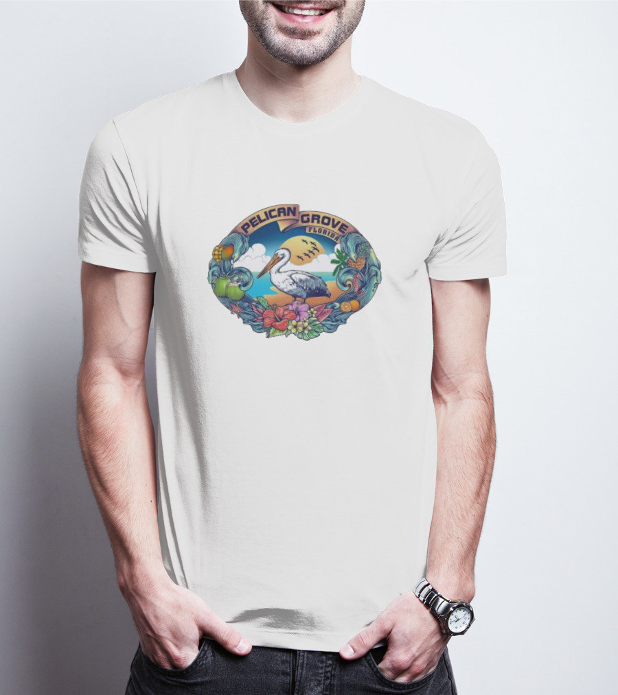 Pelican Grove Florida Tropical Beach Scene With Pelican And Coastal Fruits T-Shirt