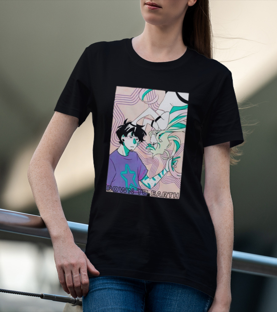 Down To Earth Downward Gaze Duo With Star Pattern And Spirals T-Shirt