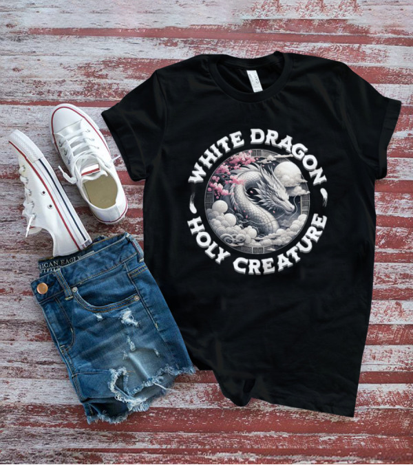 White Dragon Holy Creature Cherry Blossom Circular T-Shirt