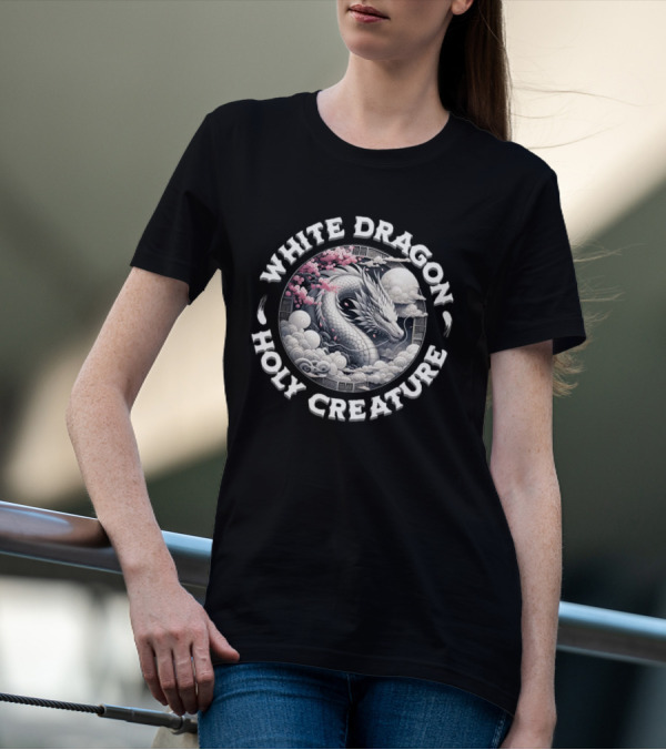 White Dragon Holy Creature Cherry Blossom Circular T-Shirt