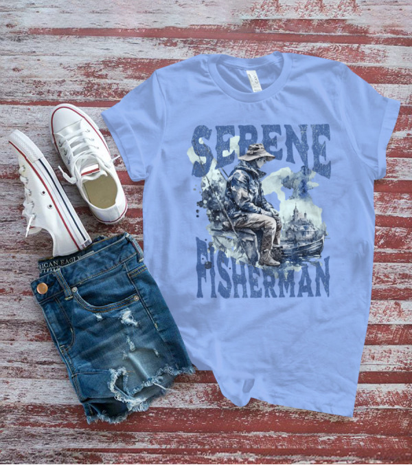 Serene Fisherman In Tranquil Lakeside Town With Boat And Reflection T-Shirt