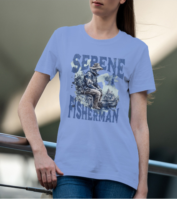 Serene Fisherman In Tranquil Lakeside Town With Boat And Reflection T-Shirt