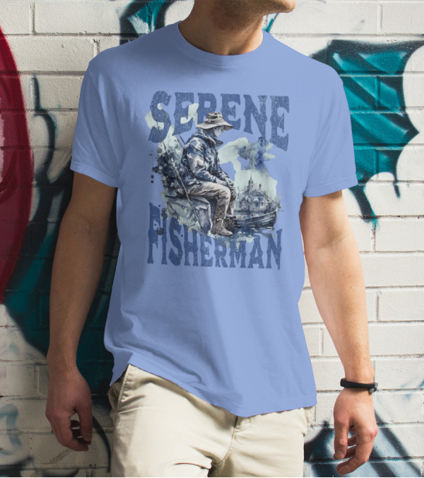 Serene Fisherman In Tranquil Lakeside Town With Boat And Reflection T-Shirt