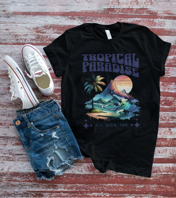 Tropical Paradise Palm Waves Island Horizon Sunset T-Shirt