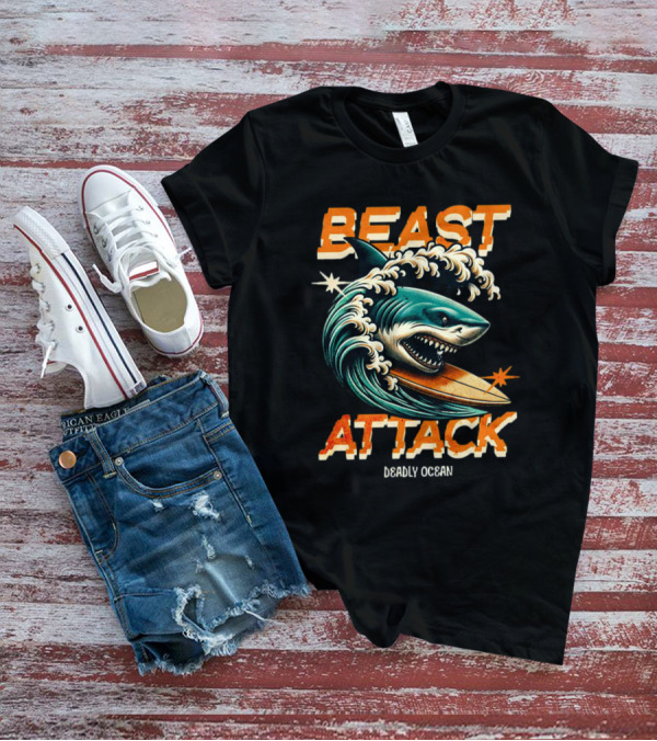Beast Attack Deadly Ocean Shark Wave Surfboard T-Shirt