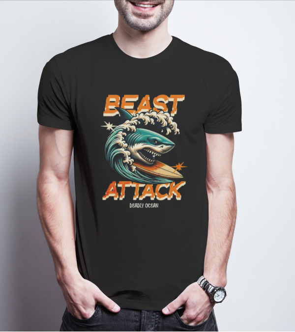Beast Attack Deadly Ocean Shark Wave Surfboard T-Shirt