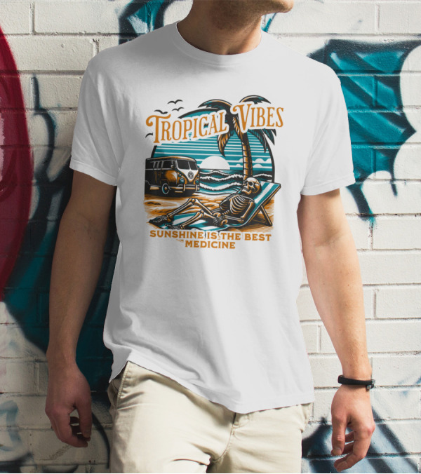 Tropical Vibes Sunshine Is The Best Medicine Skeleton Beach Van Sunset Scene T-Shirt