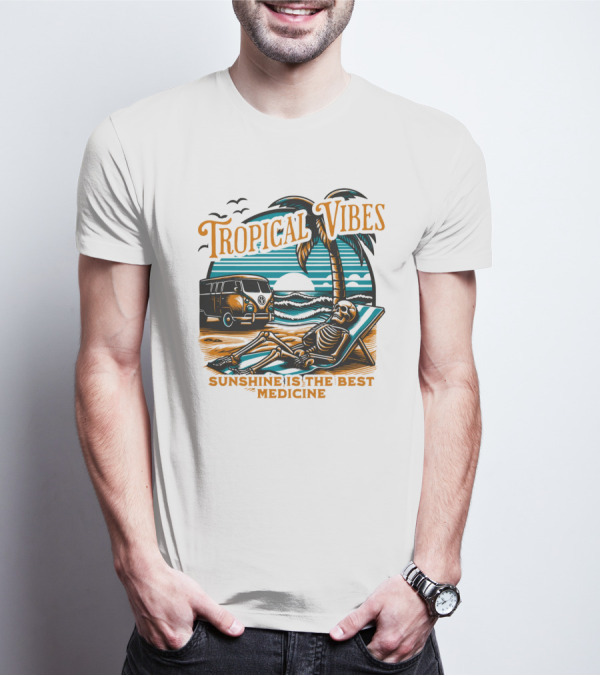 Tropical Vibes Sunshine Is The Best Medicine Skeleton Beach Van Sunset Scene T-Shirt