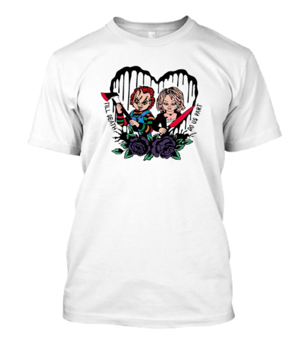 Till Death Do Us Part Horror Characters With Purple Roses And Heart Background T-Shirt