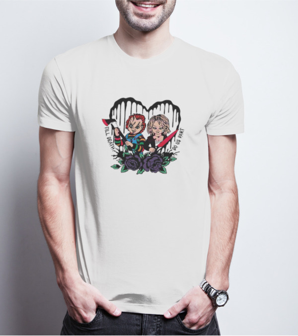Till Death Do Us Part Horror Characters With Purple Roses And Heart Background T-Shirt