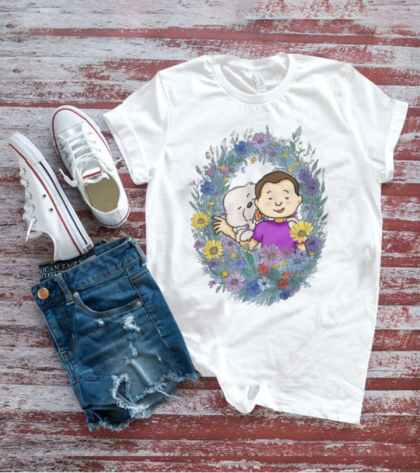 Dog Dad Cartoon Embrace In Floral Frame T-Shirt