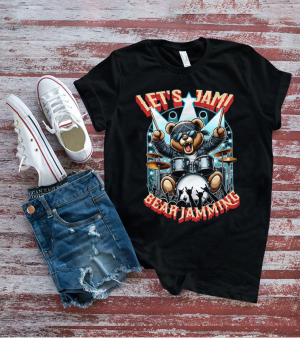 Let's Jam Bear Jamming Rock Drummer Concert Stage Electric Bear T-Shirt
