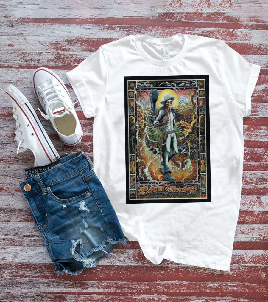 The Avett Brothers Skeleton Cowboy With Guitar And Sunburst Background Stanford T-Shirt