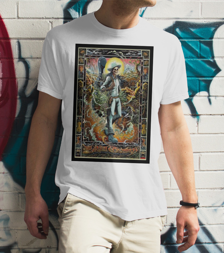 The Avett Brothers Skeleton Cowboy With Guitar And Sunburst Background Stanford T-Shirt