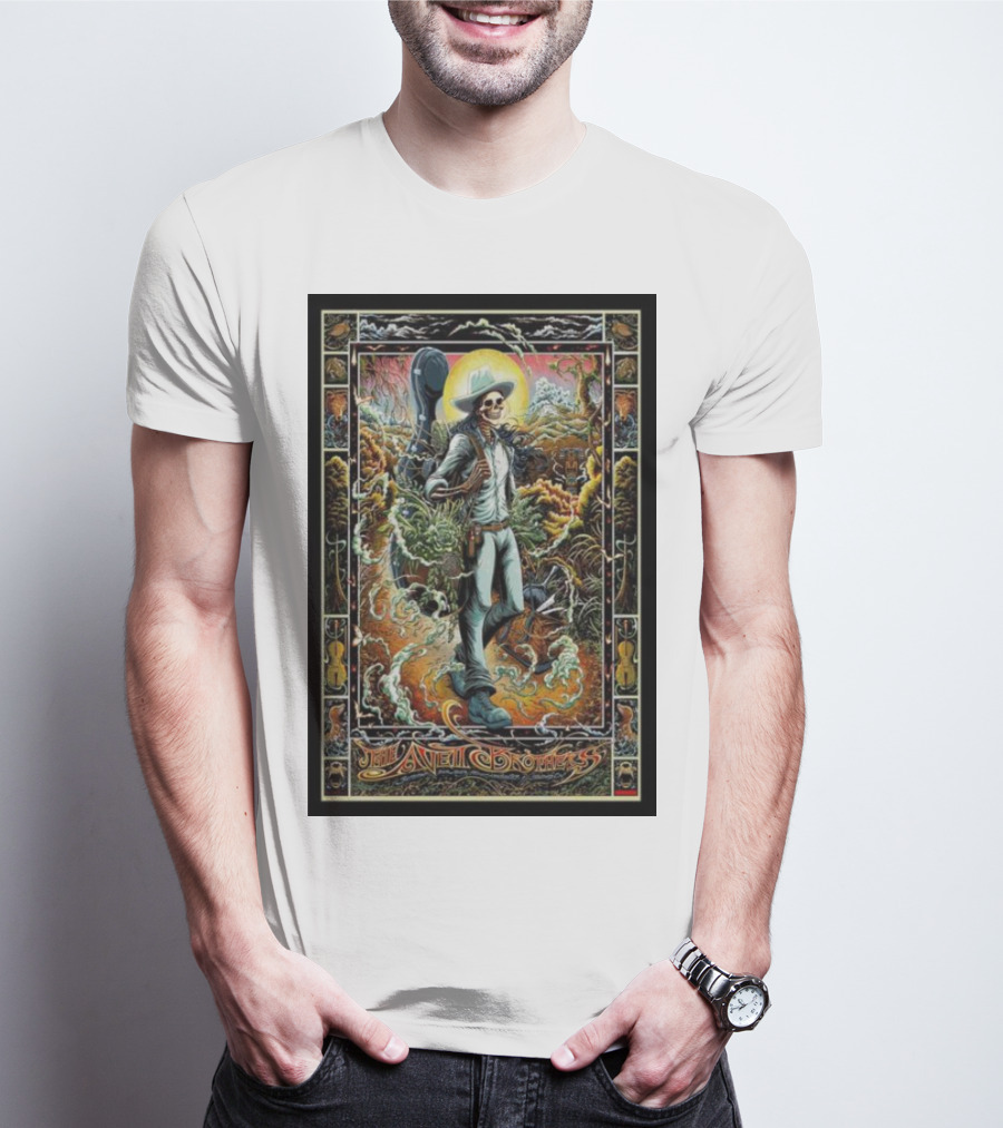 The Avett Brothers Skeleton Cowboy With Guitar And Sunburst Background Stanford T-Shirt
