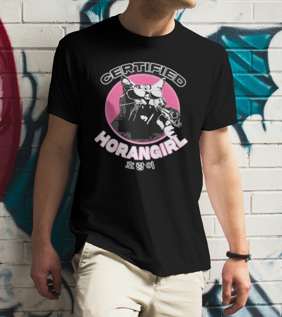 Certified Horangirl 호랑이 Cat With Sunglasses And Toy Gun In Pink Circle T-Shirt