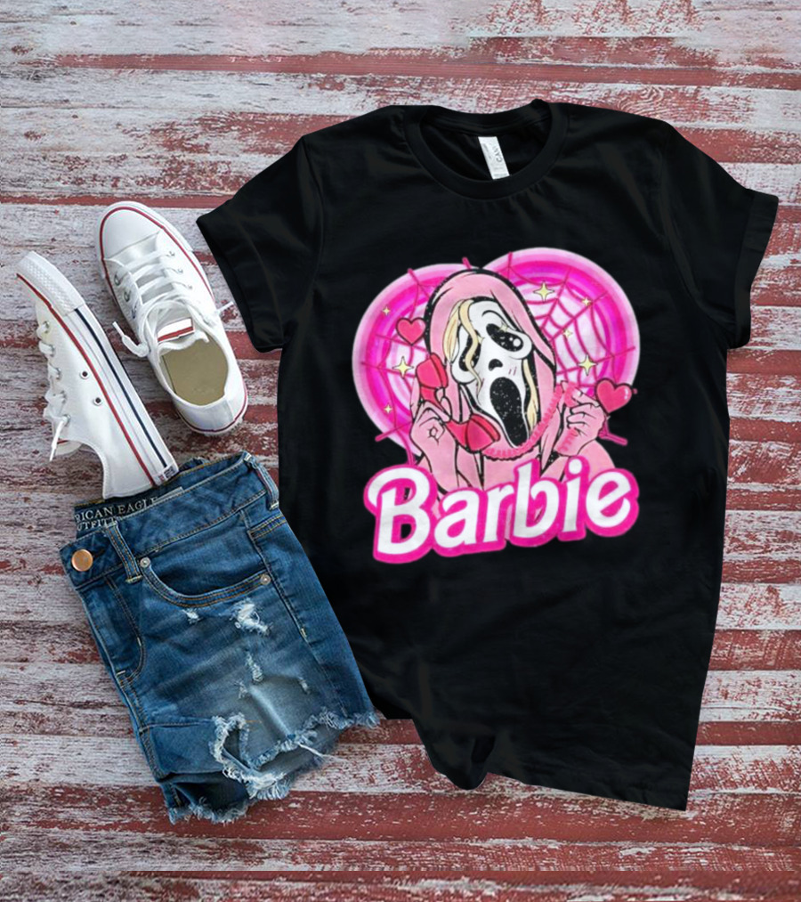 Barbie Horror Doll Ghost Face With Hearts And Pink Spiderwebs T-Shirt