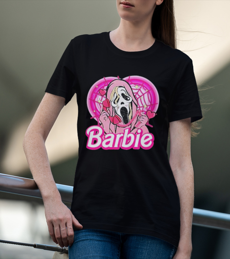 Barbie Horror Doll Ghost Face With Hearts And Pink Spiderwebs T-Shirt