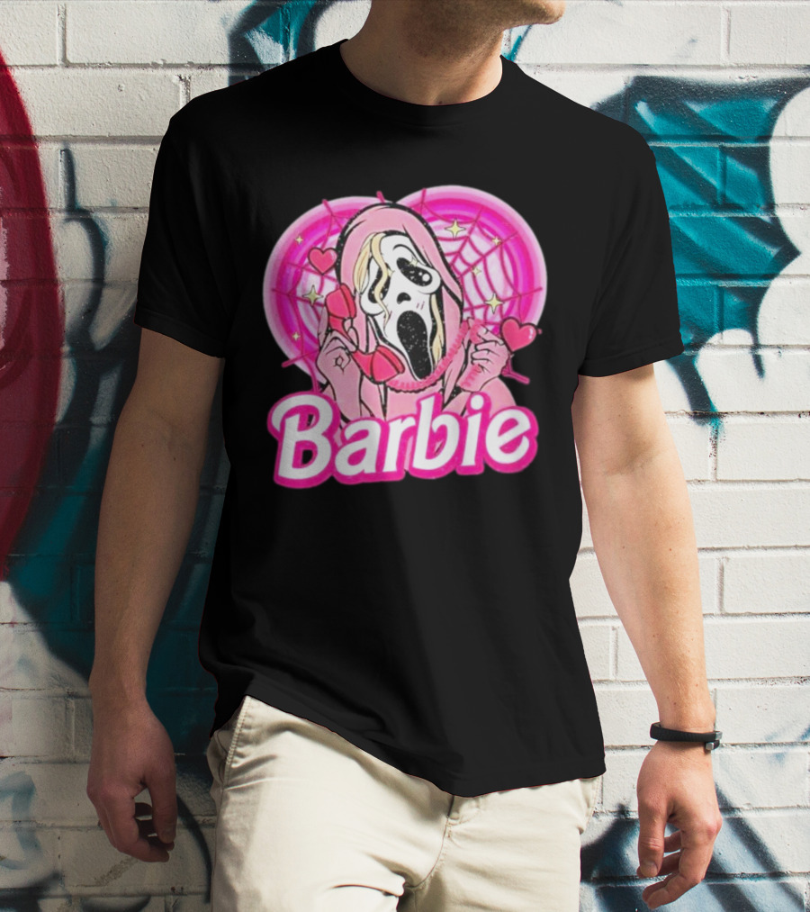 Barbie Horror Doll Ghost Face With Hearts And Pink Spiderwebs T-Shirt