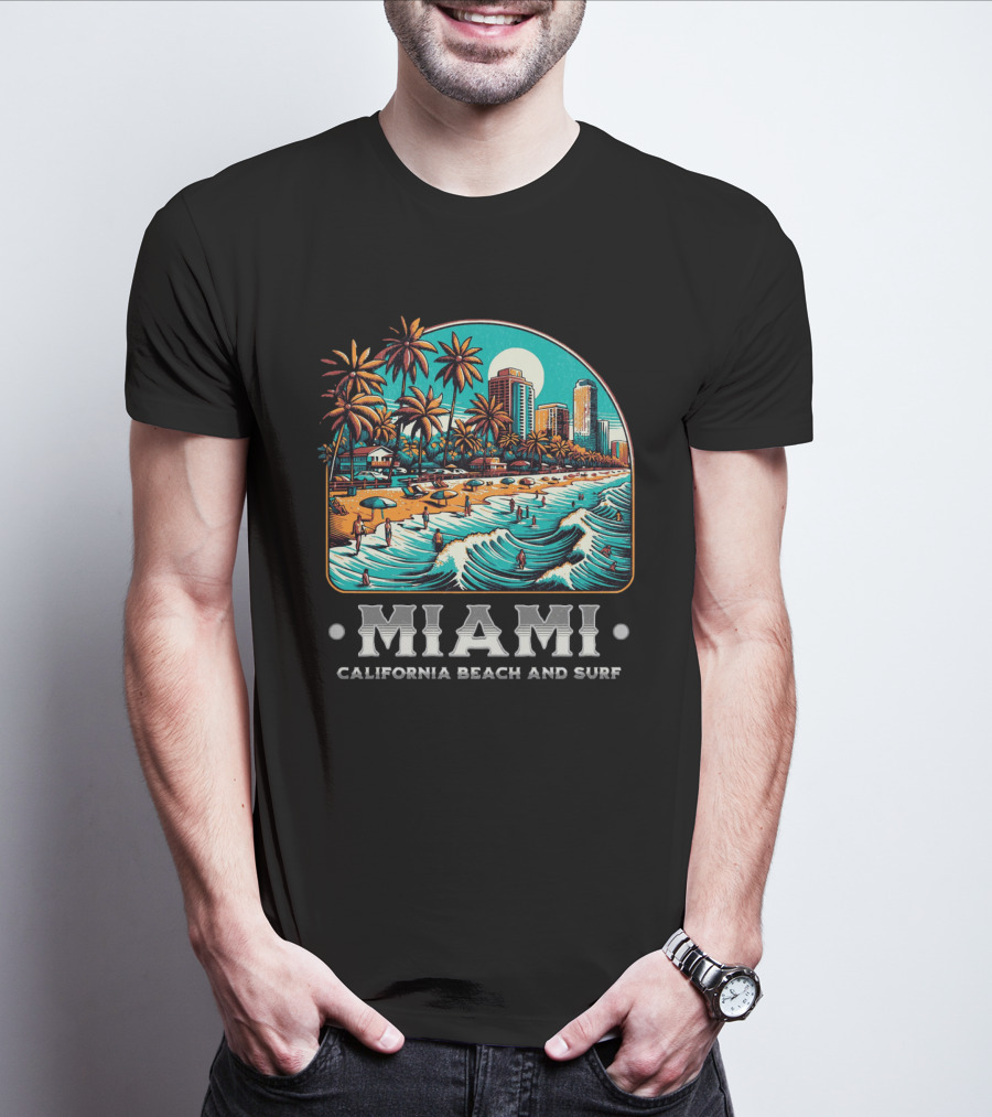 Miami California Beach And Surf Oceanfront Vibes With Palm Trees And Skyline T-Shirt