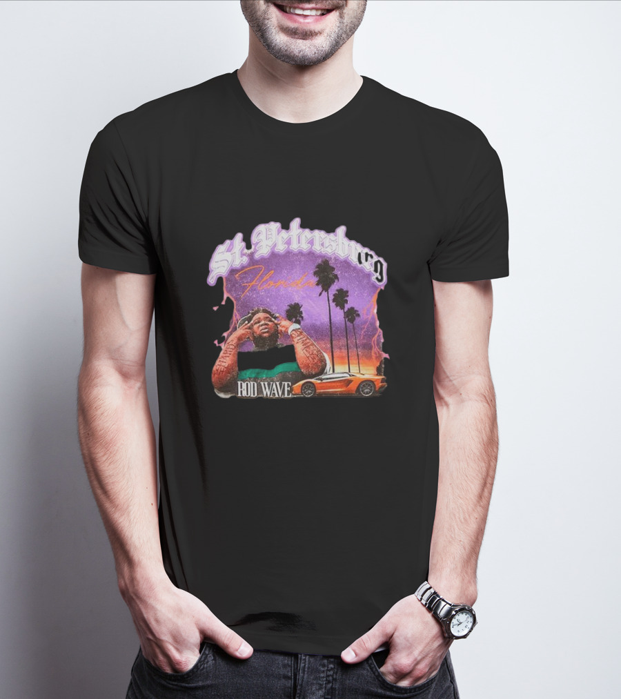 St. Petersburg Florida Rod Wave Purple Sunset Orange Car Palm Trees T-Shirt