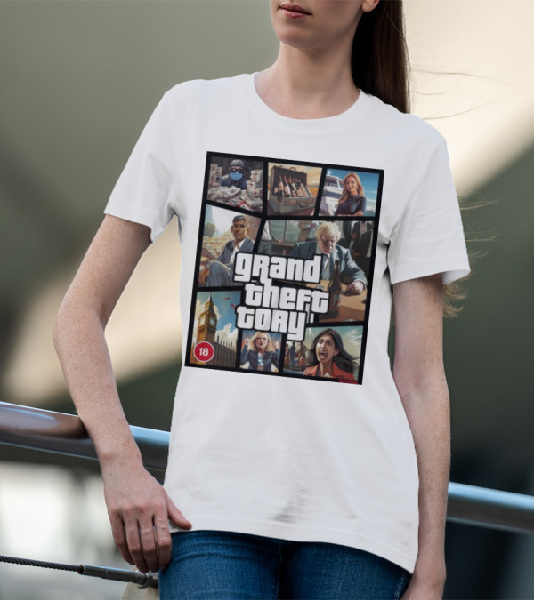 Grand Theft Tory GTA Big Ben Crime Drama 18+ Rating T-Shirt