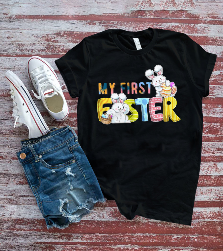 My First Easter Baby Boy Easter Bunny With Colorful Eggs And Bunnies T-Shirt