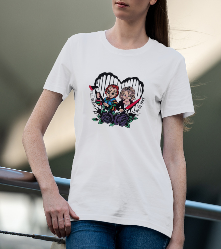 Chucky And Tiffany Till Death Do Us Part Horror Heart Roses T-Shirt