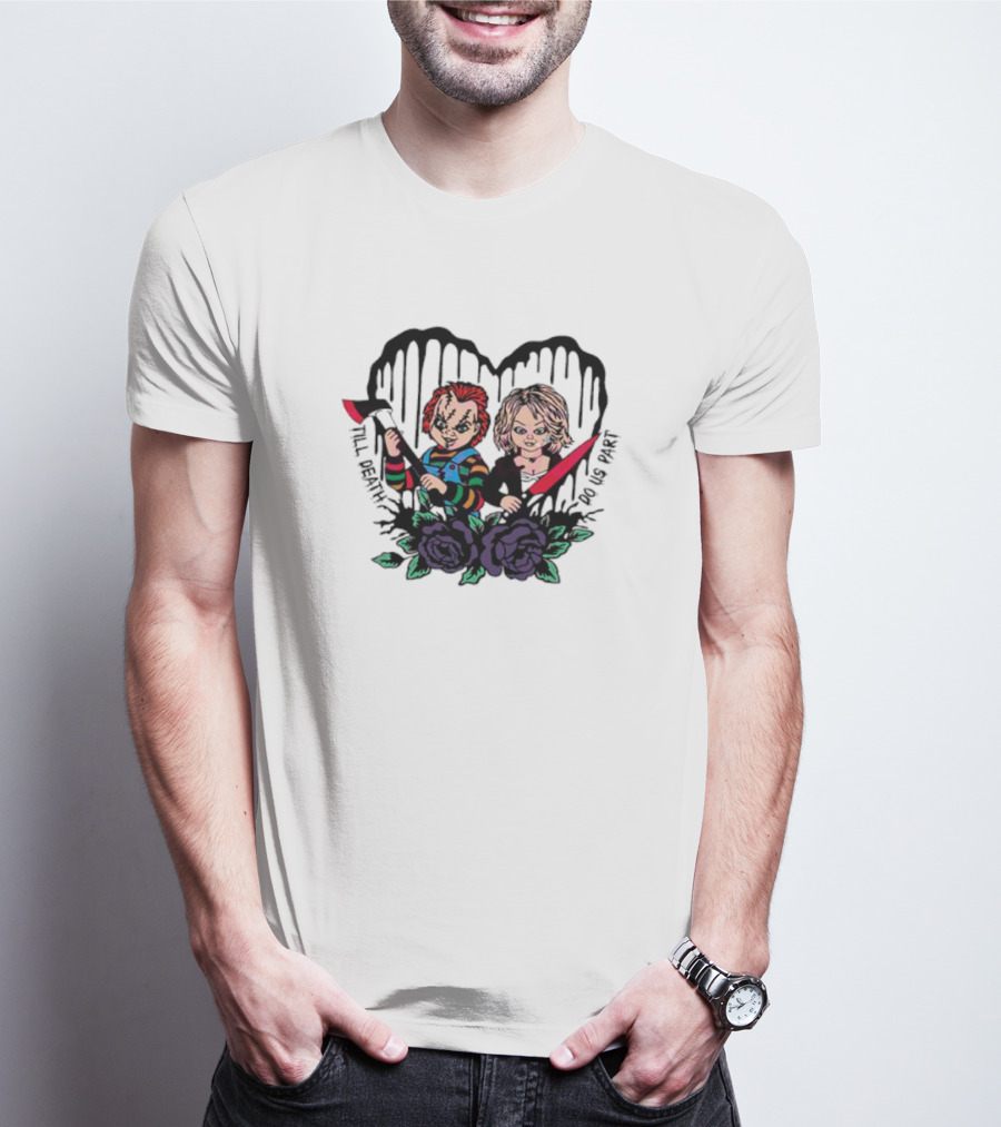 Chucky And Tiffany Till Death Do Us Part Horror Heart Roses T-Shirt