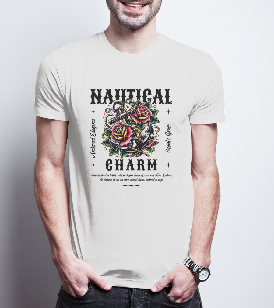 Nautical Charm Anchored Elegance Ocean's Grace Rose Ribbon T-Shirt