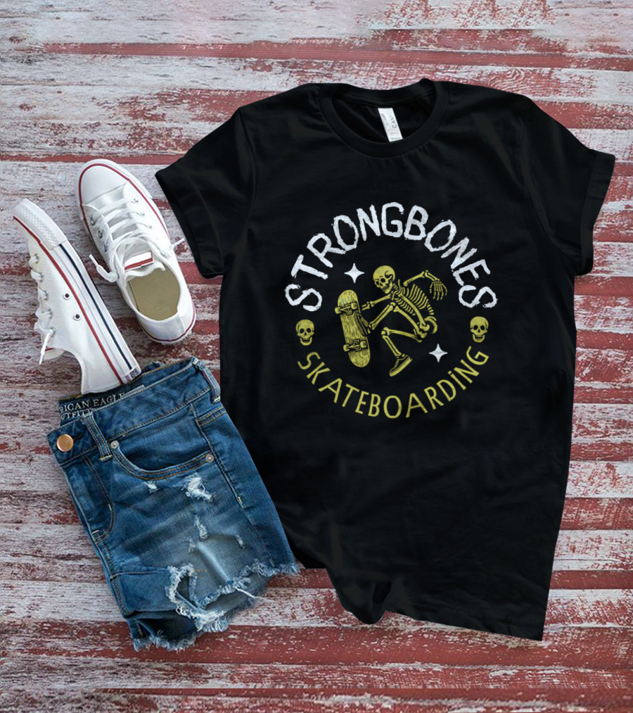 Strongbones Skateboarding Skeleton With Skull Accents T-Shirt